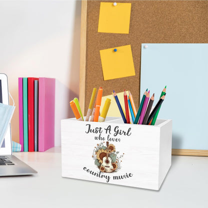 METNBASYY Western Cowgirl Pen Holder for Desk, Country Western Gifts Pencil Organizer, Just a Girl Who Loves Country Music Wooden Box Sign Desk Decor for Home Office Decoration