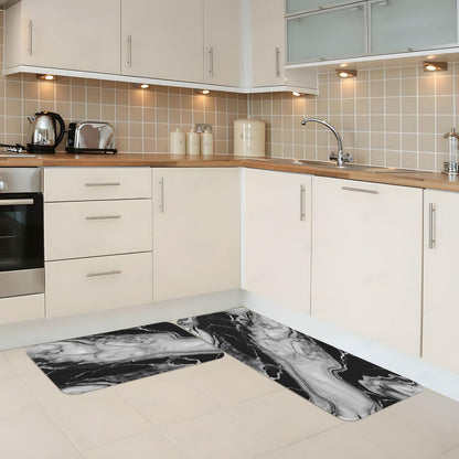 Sovvin White and Black Marble Texture Kitchen Rugs Microfiber Floor Mats Marbling Cushioned Carpet Runner Rug for Laundry Bathroom Living Room, 2 Piece Set 17"X 47" + 17"X 30"