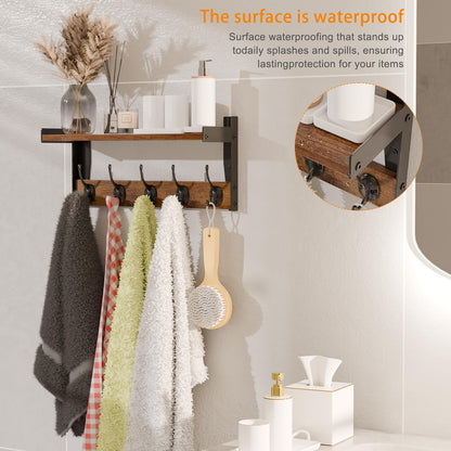 FNBAR Wall Hooks with Shelf, Wood Coat Rack with Shelf Wall-Mounted, Entryway Hanging Shelves with 5 Metal Hooks for Clothes Hats Towel Purse Robes, Bathroom Mudroom Bedroom, Rustic Brown