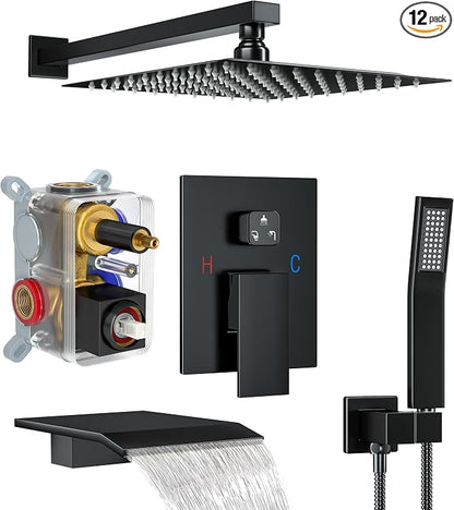 Matte Black Shower System with 10-Inch Rain Showerhead and Tub Spout | cUPC-certified pressure balance brass valve to prevent scalding, CEC-certified air injection technology for low pressure