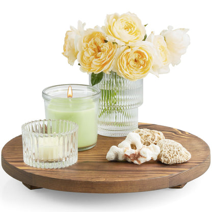 Round Decorative Tray Burnt Wood Bathroom Counter Organizer Pedestal Stand Farmhouse Kitchen Decor Wooden Riser for Soap Dish, Perfume, Candle, Sponge, 10" - Brown