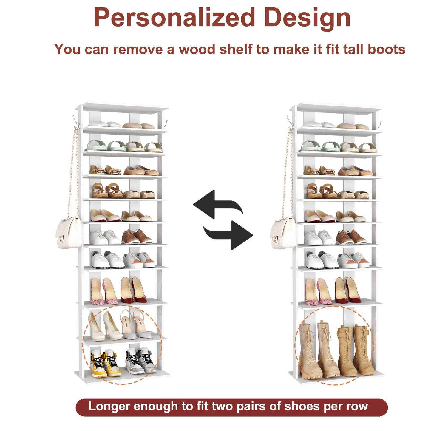 HOMEFORT 10-Tier Corner Shoe Tower - Double Rows, Slim Shoe Stand for 20 Pairs - Entryway, Hallway, Closet (White)