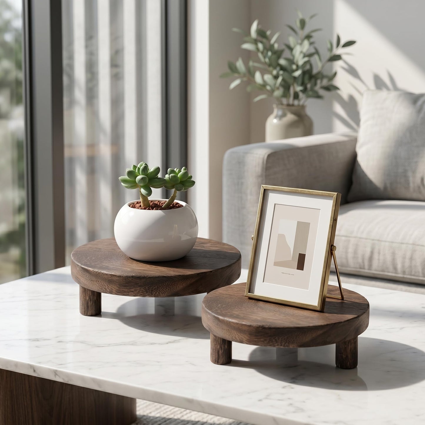 Vankcp 2 Pack Wood Riser Set, 7.8 Inch Natural Wooden Display Stand for Plants Candles Jewelry, Sturdy Elevated Plant Stand with Foot Pads for Kitchen Living Room Bathroom, Rustic Home Decor Gift (Dark Brown)