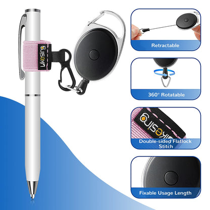 Likesing 4 Black Retractable Pen Holder, 27.5" Reel Elastic Pen Leash Retractable Pencil Holder with 2 Belt Clip for Nurses, Teachers, Waitres, Carpenters, Construction Workers(Black)