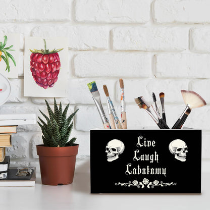 METNBASYY Dark Academia Gothic Skeleton Pen Holder for Desk, Funny Goth Skull Pencil Organizer, Live Laugh Lobotomy Dark Humor Wooden Box Sign Desk Decor for Home Office Decoration