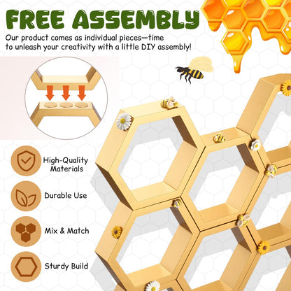 Lallisa 8 Pcs 6.3 Inch Honeycomb Cupcake Stand Bee Baby Shower Decorations with 16 Bee 8 Flower Farmhouse Wooden Hexagon Cake Display Holder Beehive Shelves Table Sign for First Gender Reveal