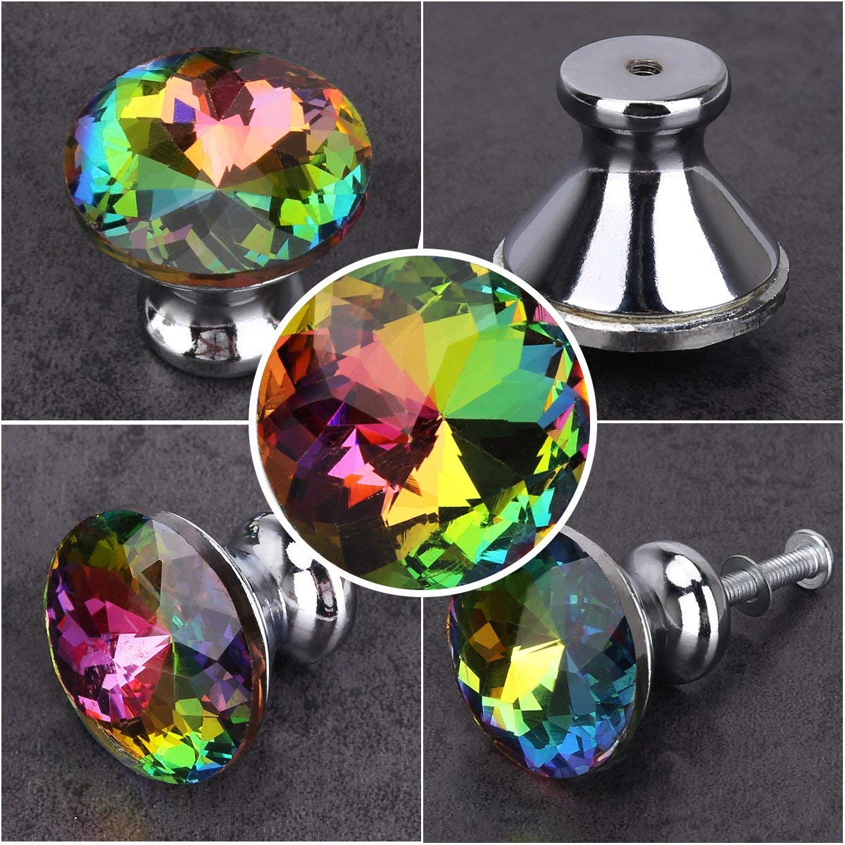 Spriak 10 Pack Drawer Knobs, 30mm Colorful Crystal Glass Cabinet Dresser Pulls Diamond Shape Cupboard Wardrobe Knob with Screw for Kitchen Bathroom Office DIY