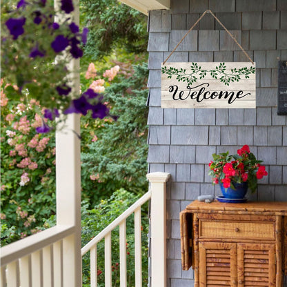 Mdulftar Eucalyptus Leaves Wooden Welcome Sign for Front Door, 6x12 Inch Rustic Farmhouse Hanging Door Sign, Porch Wall Decor Rustic Home Art, Housewarming Gift for New Home