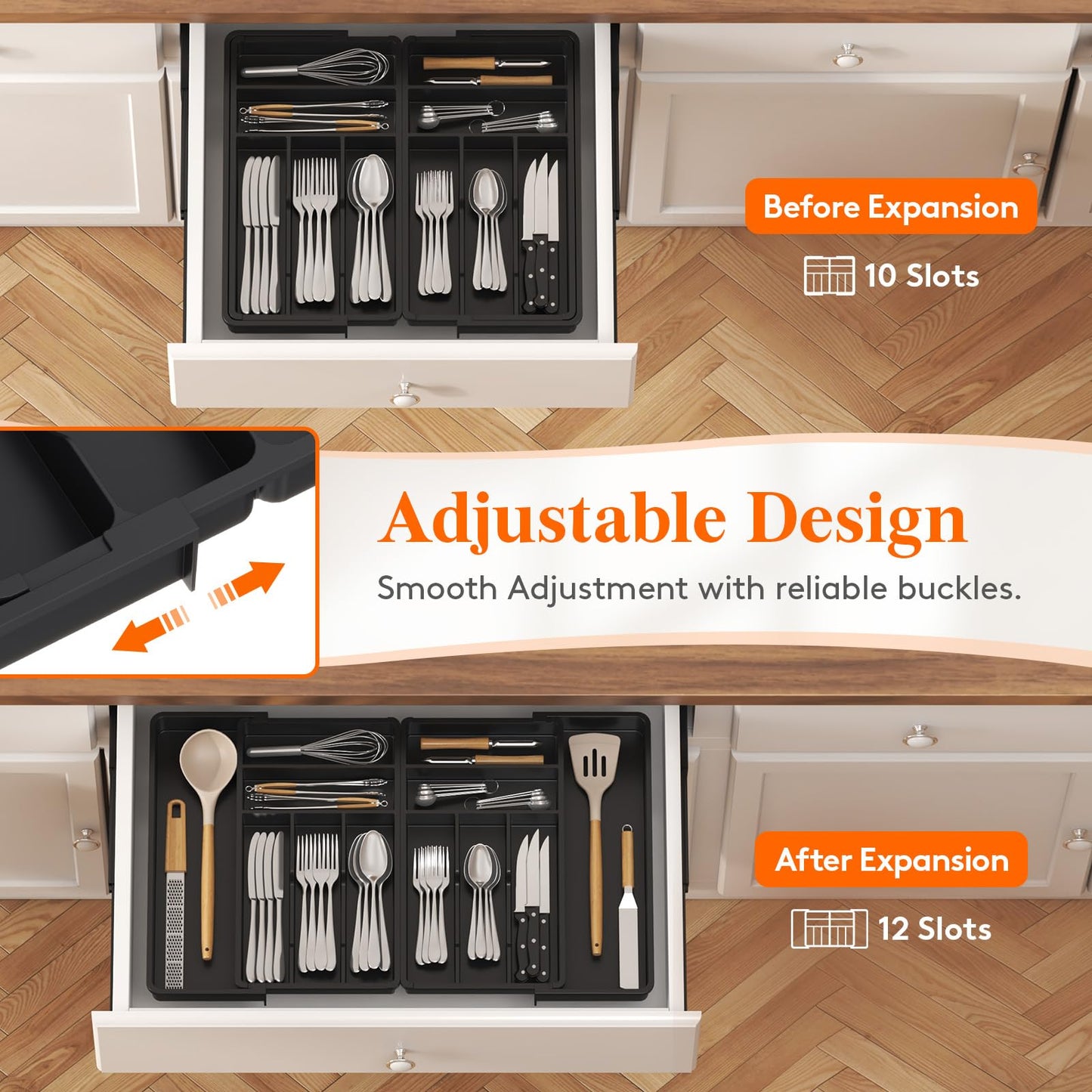 Lifewit Large Silverware Drawer Organizer, Expandable From 21 to 36 Inches, BPA Free Plastic Utensil Tray for Kitchen, Adjustable Flatware and Cutlery Holder for Spoons Forks Knives, Black