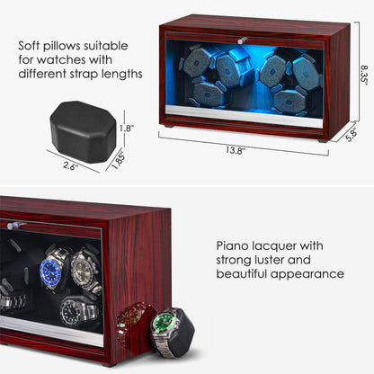 ANWBROAD Automatic Watch Winder, 6 Watch Winders for Automatic Watches with Glass Lid, 4 Modes Watch Winder box with Adapter, Super Quiet Motor-Red Piano Finish, Fathers Day UJWW003Y