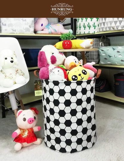 HUNRUNG Collapsible Fabric Storage Basket, Waterproof Laundry Hamper with Handles, Round Storage Bin for Clothes Toys, Foldable Organizer for Bedroom Nursery Bathroom(Roud-Football)