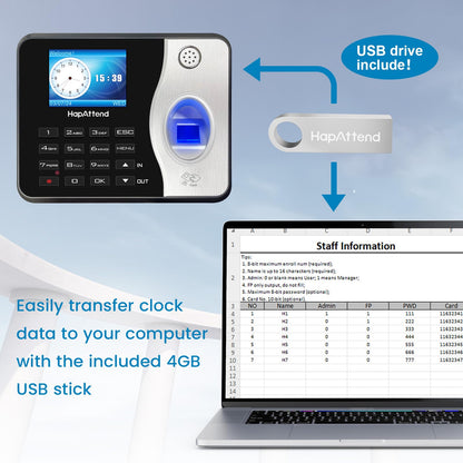 HapAttend Time Clocks for Employees Small Business Automatic Calculate Hours, 0 Monthly Fees Fingerprint Time Clock, H3 Standalone Biometric Clock in Machine for Employees with 5 RFID Cards (No WiFi)