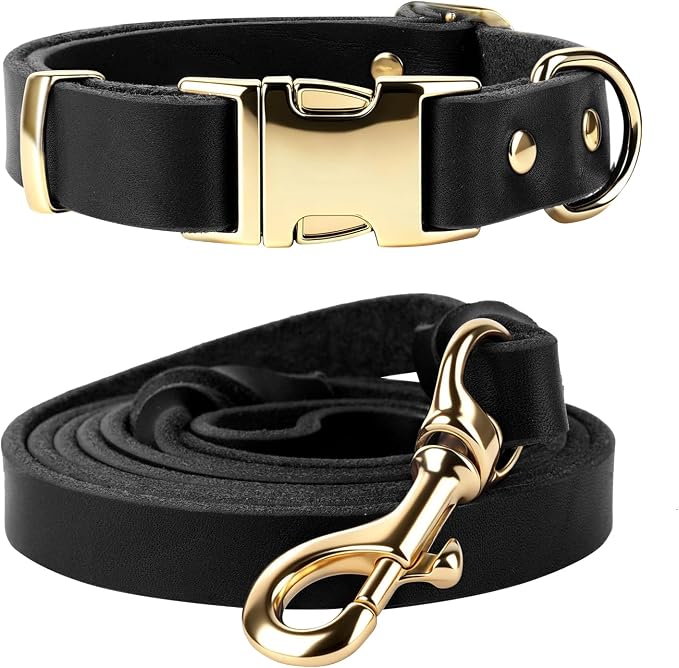 Leather Dog Collar and Leash Set, 6FT Heavy Duty Leather Training Leash with Adjustable Dog Collar, Soft and Durable Dogs Leashes and Collars Set for Small Medium Large Dogs (Black, M)
