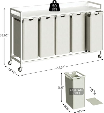 Herture Laundry Hamper with Shelf, Laundry Basket 5 Section, Laundry Sorter with Pull-Out Removable Large Bags and Movable Wheels, Metal Frame, 5 x 15.87 Gallons (60L), White PF08XLW