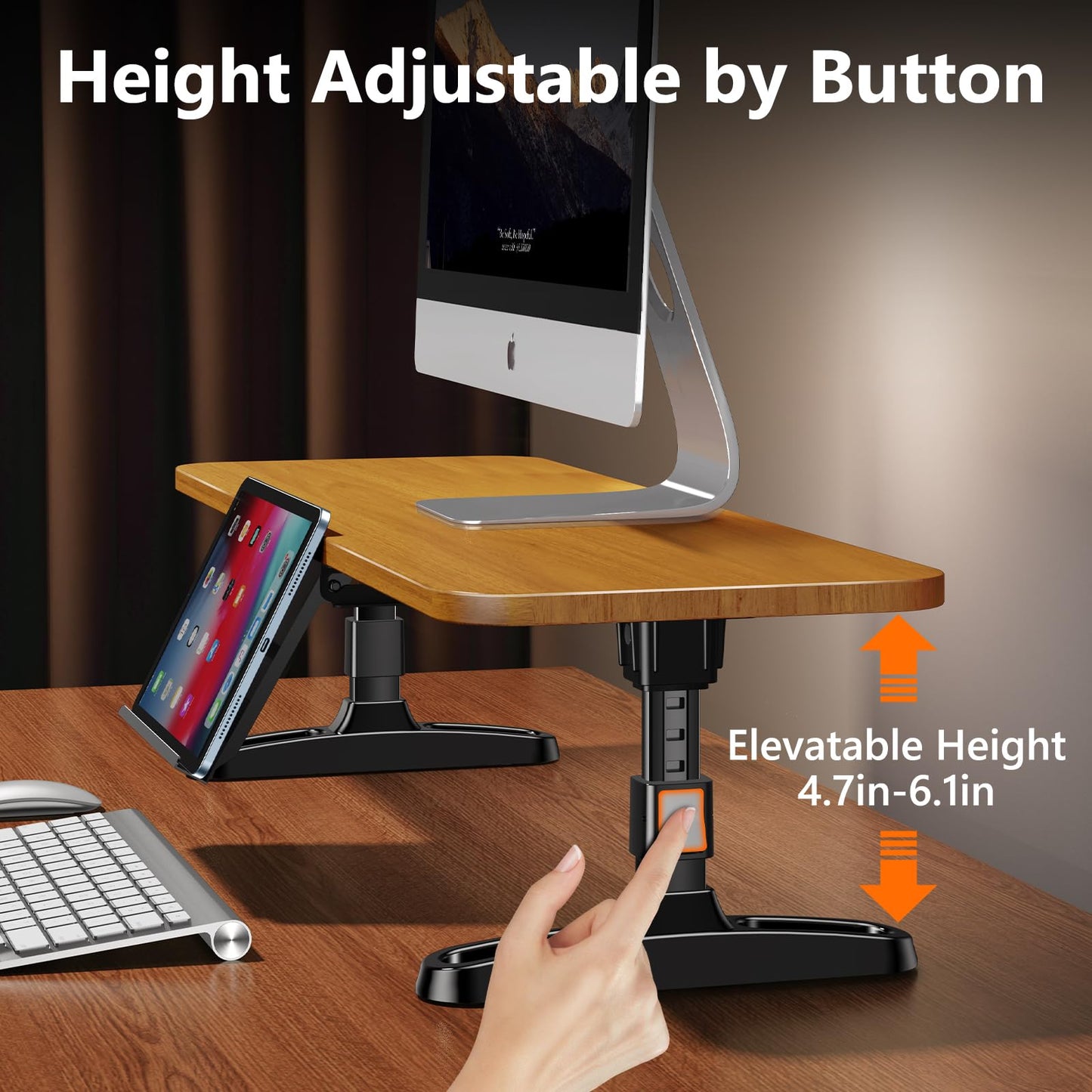 nediea Wooden Monitor Stand Riser with Height Adjustable Button, Ergonomic Computer & Laptop Stand with Hidden Tablet Holder, Keyboard Storage & Desktop Organizer for Home Office Kitchen