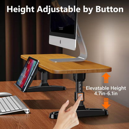 nediea Wooden Monitor Stand Riser with Height Adjustable Button, Ergonomic Computer & Laptop Stand with Hidden Tablet Holder, Keyboard Storage & Desktop Organizer for Home Office Kitchen