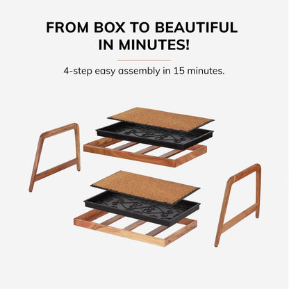 Anji Mountain Heavy Duty Waterproof Wooden Shoe Storage Mat Organizer/Boot Storage Tray Multi Use for Entryway with Coir, Gray and Ivory Insert, 2 Tier, Fits 4 Pair (26.5" Wide)