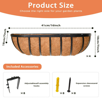 ZVOWOS 4 Pack 16" Railing Planter Window Box with Coco Fiber Liner Horse Trough Planter The Railing Planters Boxes for Deck Porch Fence Outdoor