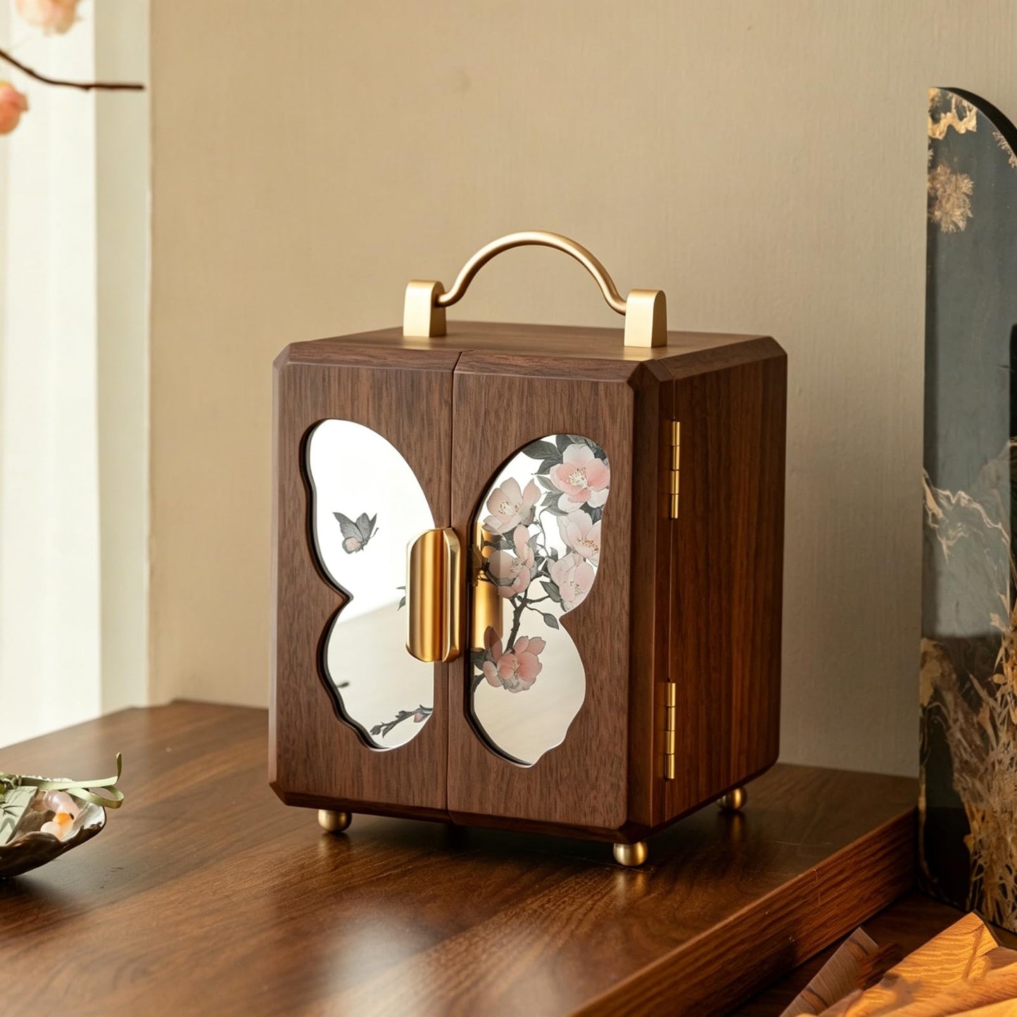GuaziV Butterfly Jewelry Box for Women, Black Walnut Wood Veneer Jewelry Organizer 4-Layer Jewelry Storage Case with Ring Slots, Necklace Hooks & Watch Pillows for Vanity Dresser