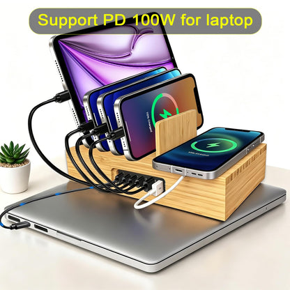 Xunhonom 6 Port USB Charging Station for Multiple Devices PD 100W Bamboo Charging Station Organzier with Detachable 15W 3 in 1 Wireless Charger Station for iPhone Android Apple Watch AirPod Tablet