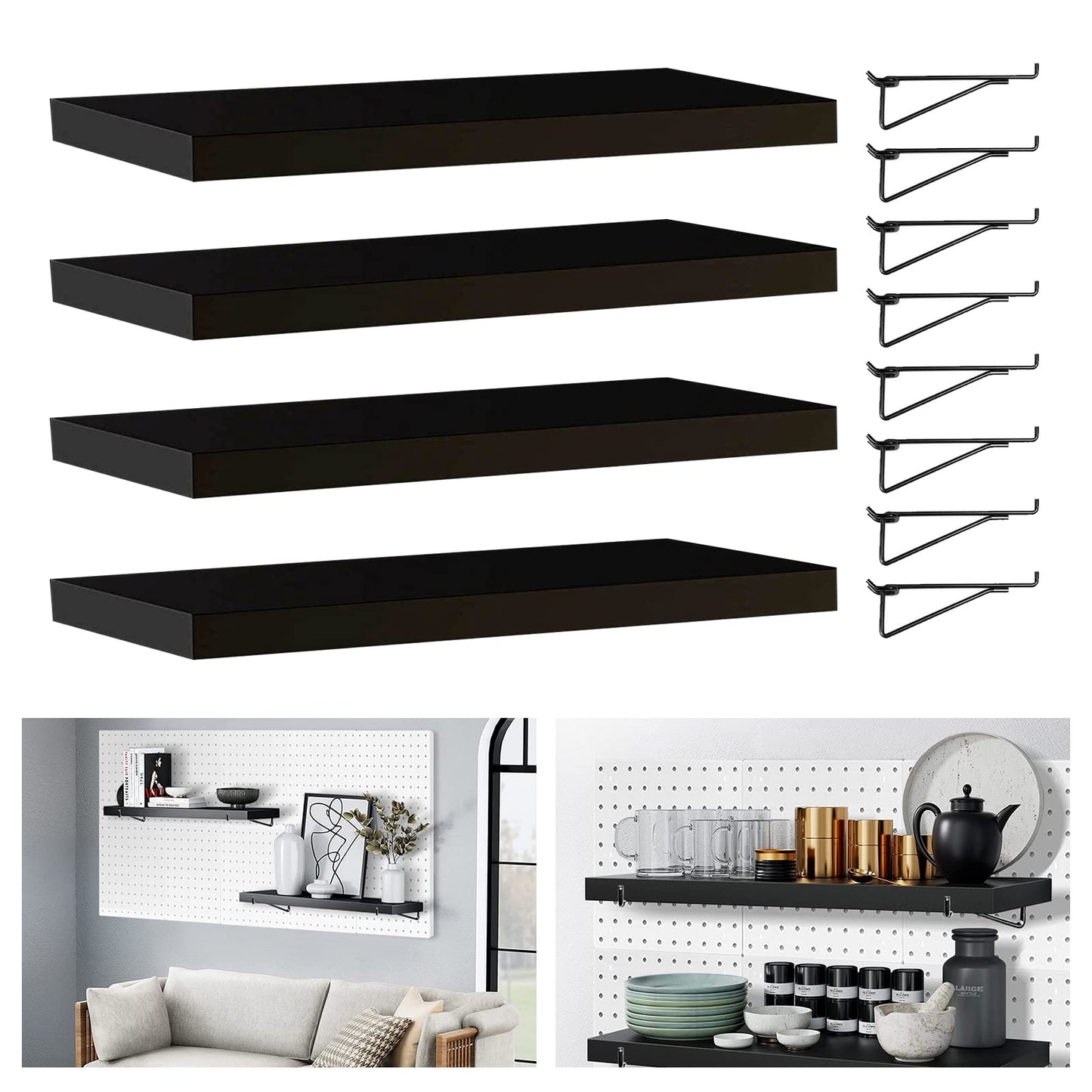 HJW Pegboard Shelf Black, 4 Pack Wooden Pegboard Shelves with Metal Pegboard Shelf Brackets Pegboard Hooks, for Craft Room, Home, Kitchen, Garage