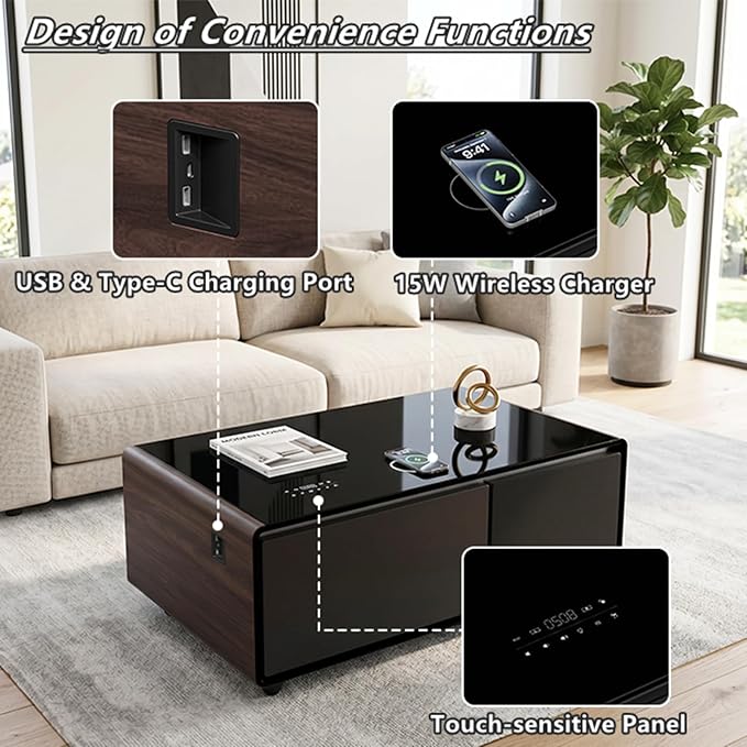 Smart Coffee Table with Fridge and Bluetooth Speakers, Smart Refrigerator Table with 15W Wireless Charger, Touch Control Panel, USB Port, Atmosphere Light and More, LT90 Pro-Brown