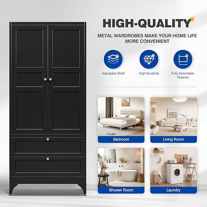 BYNSOE Metal Armoire Wardrobe Closet with 2 Drawers 71'' Wardrobe Cabinet with Drawers and Hanging Rail Metal Closet with Adjustable Shelves for Bedroom. (Black, with 2 Drawers)