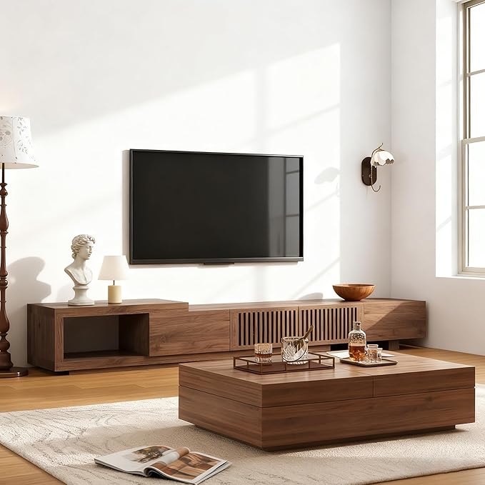 Mid-Century Modern Expandable Coffee Table & TV Stand Set, Walnut Finish – Elegant Storage Combo for Living Room, Bedroom, or Lounge (78.54“ to 103" TV Stand+Coffee Table)