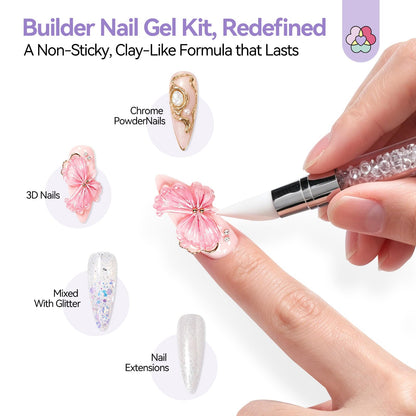 SAVILAND Non-Sticky Solid Builder Nail Gel Kit: HEMA-Free Sculpting Gels for Nail Art with Sequins Sculpture Pen for 3D Gel Nails Art Carving Extension Overlays Starters DIY Home Satin White 2.02oz