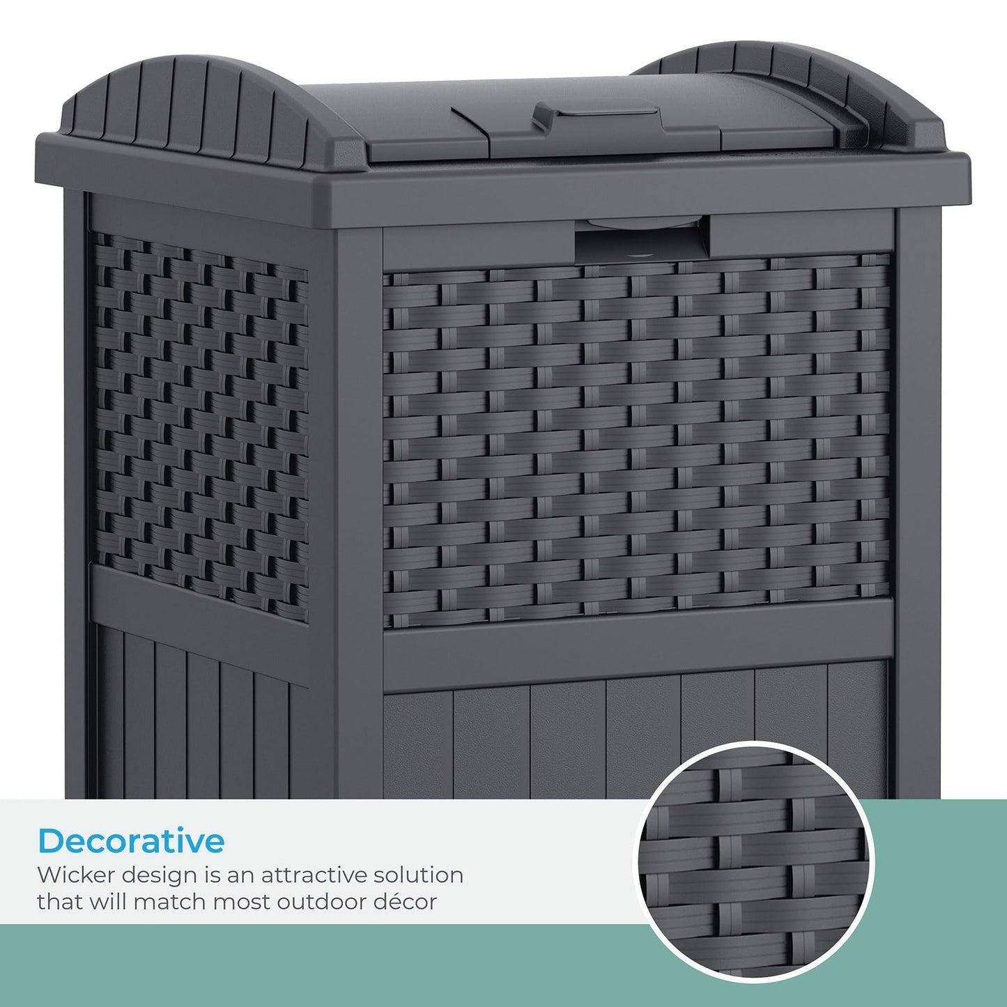Suncast 33 Gallon Wicker-Style Hideaway Trash Can with Secure Latching Lid and Weather-Resistant Construction for Patio, Cyberspace Grey, Made in the USA