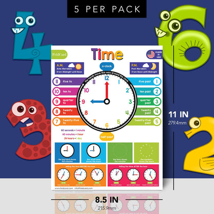Time Chart for Preschool to Grade 1 Kids – Learn How to Tell the Time – Colorful Educational Visual/Learning Aid Poster for Classroom or Home | Glossy Durable Cardstock | 8.5" x 11" | 5 per Pack