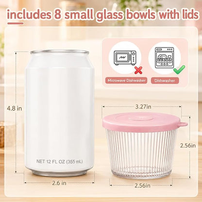 8 Sets Small Glass Bowls with Pink Lids 6.8oz Ribbed Clear Glass Containers Stackable Dessert Custard Pudding Cups Condiment Bowls for Sauces Dips Nuts Oats Candy Dessert Cereal