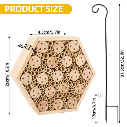 Dmnnlp Mason Bee House, Natural Wooden Hexagon Bee House with Metal Stake & Cleaning Brush, Hanging Bees Box Habitat to Attract Pollinators, Garden Decoration, Gift for Bee Lovers