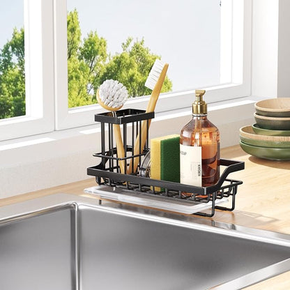 Consumest Sponge Holder for Kitchen Sink - Kitchen Sink Caddy Organizer with Removable Drip Tray for Countertop Dish Soap Dispenser Brush Storage Accessories 304 Stainless Steel - Black
