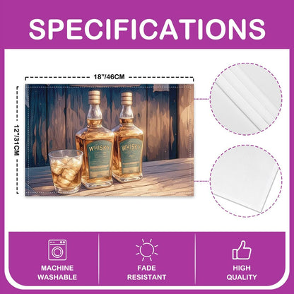 Whiskey 12x18 Inch Placemats for Dining Table,Beer Glass Bar Waterproof Table Place Mat for Party Decoration,Retro Wooden Board Washable Table Mats Set of 4