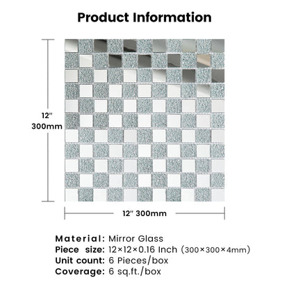 Adedeo Crystal Diamond Mirror Mosaic Tile Square Glass Mosaic Tile for Kitchen Backsplash Bathroom Wall (6 Sheets, Silver Square Flat Mirror)