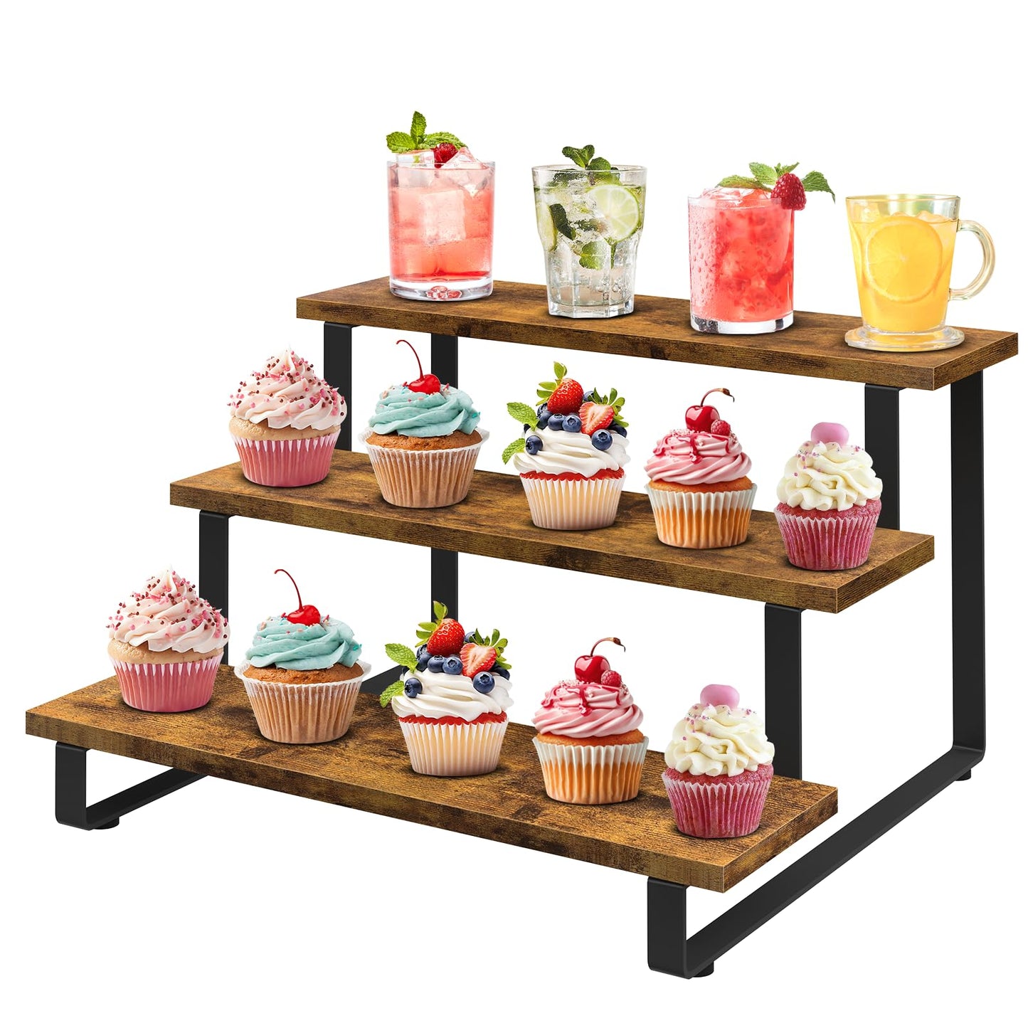 ELITEROO 3 Tier Straight Display Shelf, Portable Wood Retail Cupcake Dessert Stand Display Table, 3 Step Collectible Riser Stand, Tabletop Vendor Display Shelves Rack, Craft Show Countertop Risers