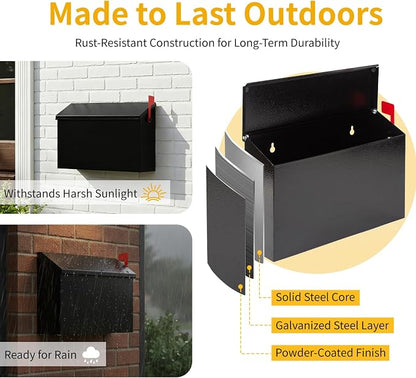 RAINHOL Wall Mount Mailbox for House Outside, Large Capacity Outgoing Mail Box with Red Flag Kit, Galvanized Steel Rust-Proof Mailboxes for Outside, Black Metal Post Box, 14.2 x 9.5 x 3.9 Inches