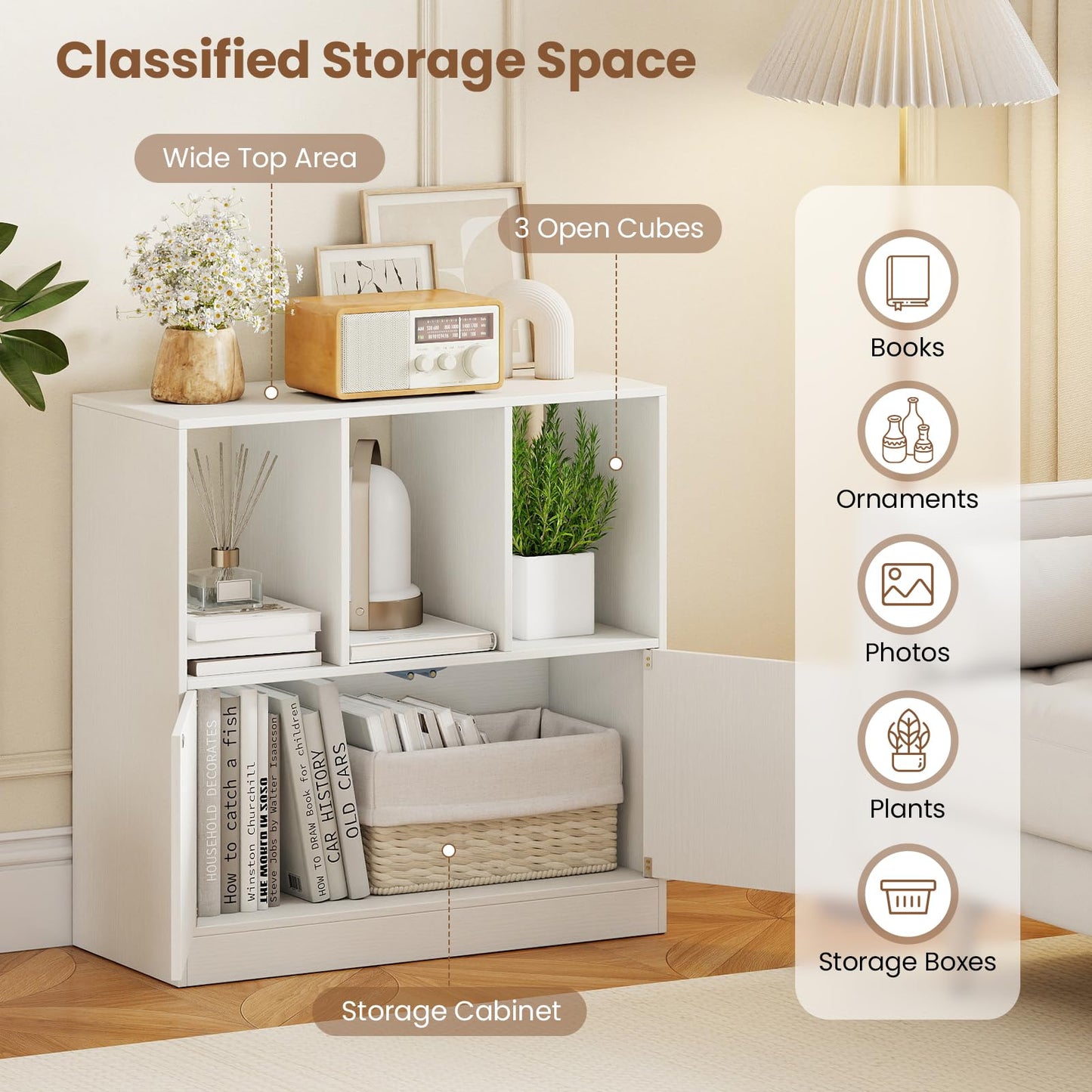 Giantex 3-Cube Bookcase with Doors, 3-Tier Cubic Bookshelf w/Open Compartments & Cabinet, Modern Display Shelf, Wooden Floor Freestanding Cubby Storage Organizer for Living Room, Study (1, White)