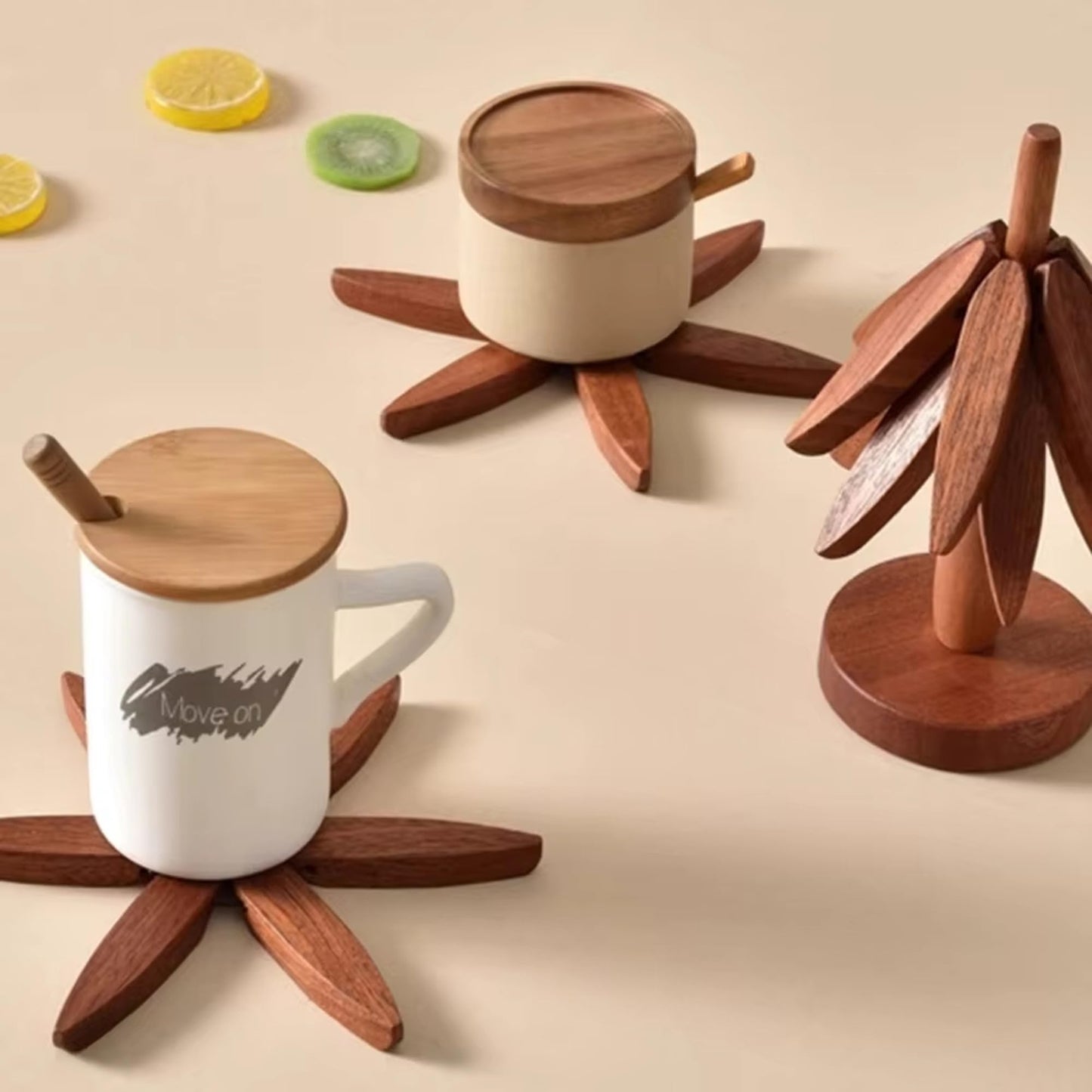Wooden Trivet Tree 4 in 1 Walnut Wood Pot Holder Stand 8.9 Inches Tall Decorative Kitchen Decor Trivet Heat Resistant Hot Pad and Table Protector for Kitchen Counter Unique Hostess Gift
