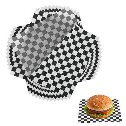 uxcell 150 Pcs Wax Paper Sheets for Food, 7 x 7 Inch Greaseproof Wrapping Paper Sheets, Checkered Square Food Basket Liners for Sandwich Hamburger Bread, Black