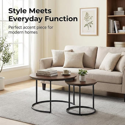 Round Nesting Coffee Table Set of 2, Modern Marble Pattern Wooden Nesting Tables, Stacking Minimalist End Table for Living Room Bedroom Small Space, (Black Leg+Brown top)