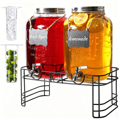 2 Gallon Drink Dispensers for Parties, 2 Pack Glass Beverage Dispenser with Stand & 18/8 Stainless Steel Spigot, Lemonade Jug for Wedding, Picnic, BBQ