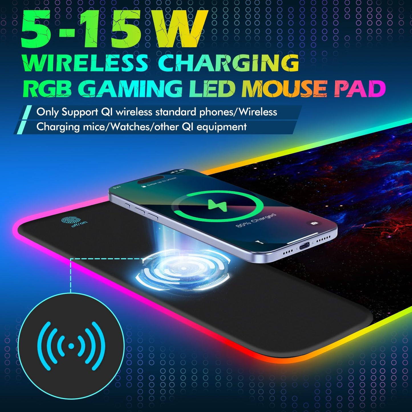 ToLuLu RGB Gaming Wireless Charging Mouse Pad, 5/7.5/10/15W 10 Light Modes LED Mouse Pad Computer Keyboard Mat Mousepad, 800x300x4MM Extended Large Desk Mat for Gaming, MacBook, Laptop, PC, Galaxy