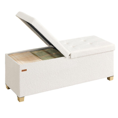 SONGMICS Storage Ottoman Bench with Legs, Folding Ottoman Foot Rest with Flipping Lid, Bench with Storage, for Living Room, Bedroom, Entryway, Teddy Fleece, 43.3 Inches, Cream White ULSF081WD01