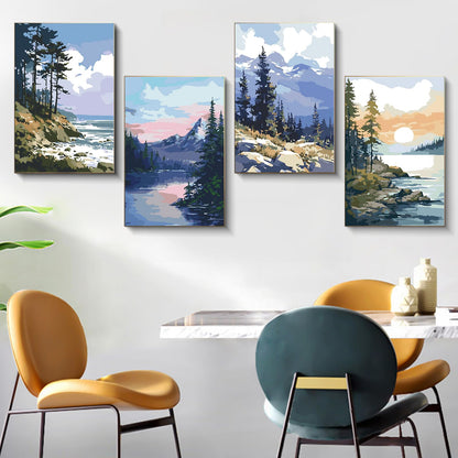 Fountor 4 Pack Framed Paint by Numbers Kit for Adults Beginners with Wooden Easel, DIY Landscape Arts and Crafts for Adults, Painting by Numbers for Home Wall Decor, 8x12 inch