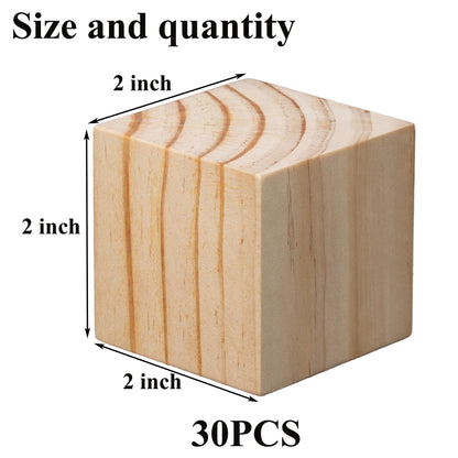 Ninekong 30 Pack Unfinished Wood Blocks 2 Inch - Solid Pine Wooden Cubes for Crafts, Sanded Smooth Natural Wood Squares for Painting, DIY Projects, Puzzle Making & Home Decor