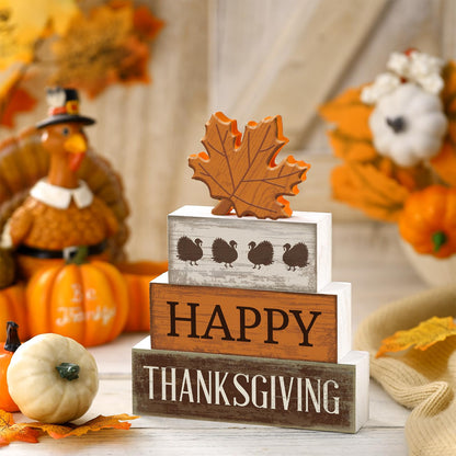 Briwooody 4 Pcs Fall Table Decoration Wooden Reversible Maple Leave Fall Tiered Tray Decor Thanksgiving Centerpiece Rustic Maple Leaves Block Signs Farmhouse Autumn Decoration for Home Kitchen