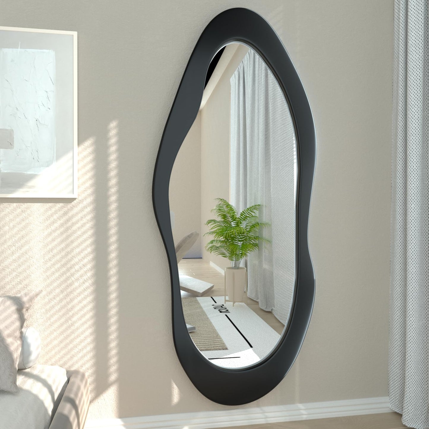 osemy 55"x 24" Irregular Wavy Full Length Mirror Black Wooden Framed Full Body Mirror Irregular Wall Mirrors Hanging for Bedroom Living Room Cloakroom