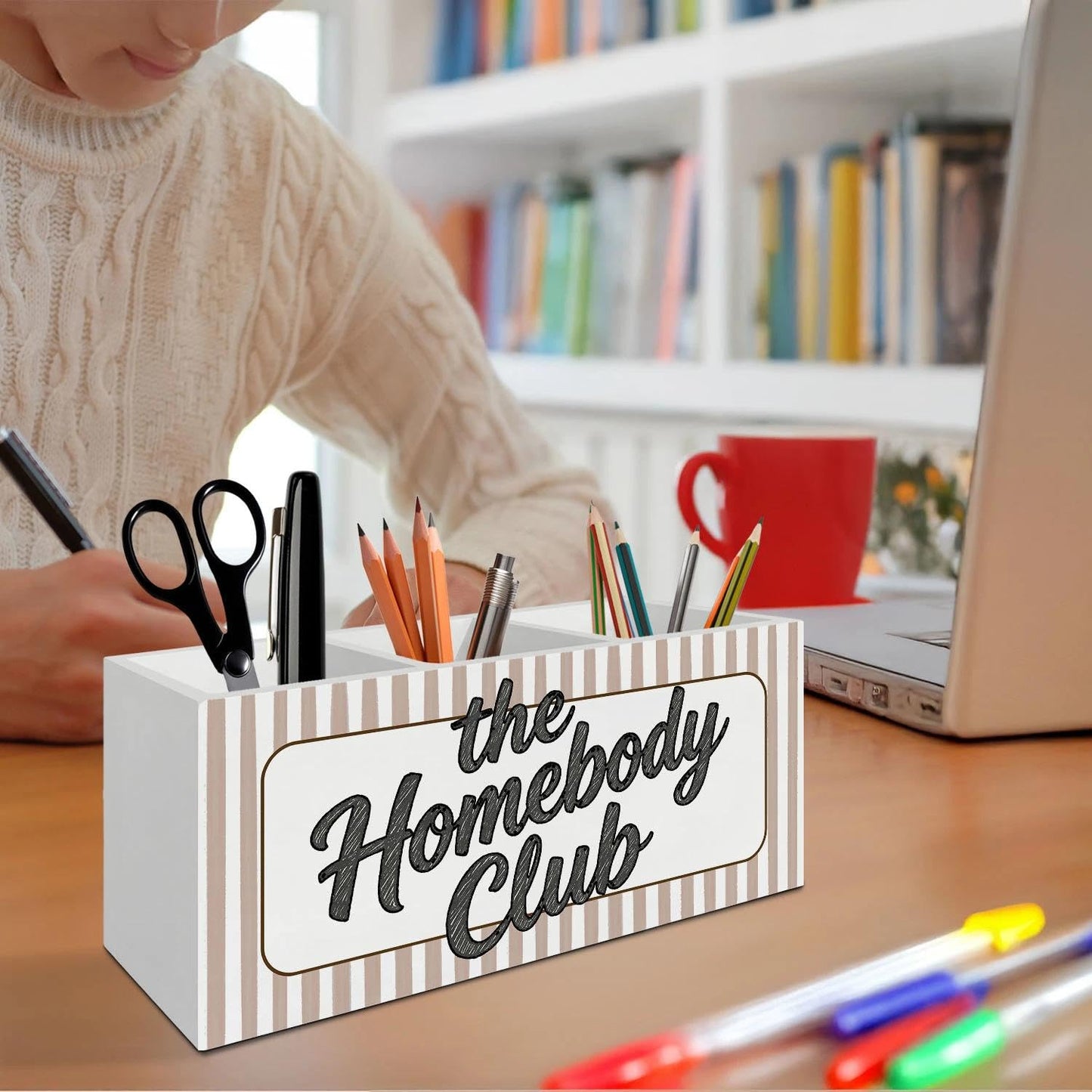 LIANGEAGOM Trendy Retro Funny Pen Pencil Holder Organizer for Desk Accessories, Introverts Gifts, the Homebody Club Neutral Striped Wooden Box Signs Decorations for Home Office Desk Tabletop